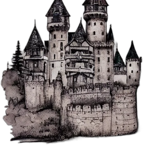 crown, building, fantasy art, concept art, watercolor, pixel art, fog, monochrome transparent PNG cut-out