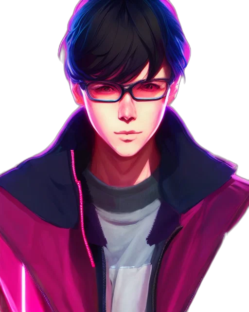 jacket, face, staff, robot, cyberpunk, anime, concept art, vaporwave transparent PNG cut-out