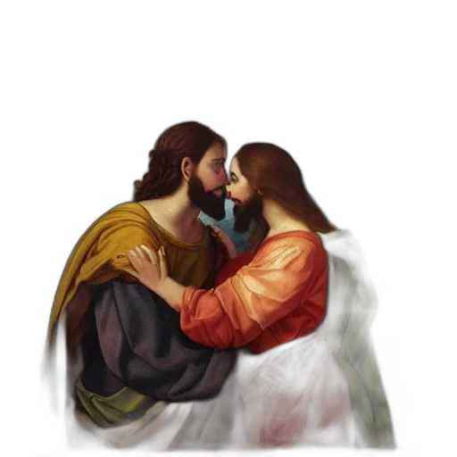 photorealistic, oil painting, concept art, pixel art, oil, panting, jesus, kissing transparent PNG cut-out