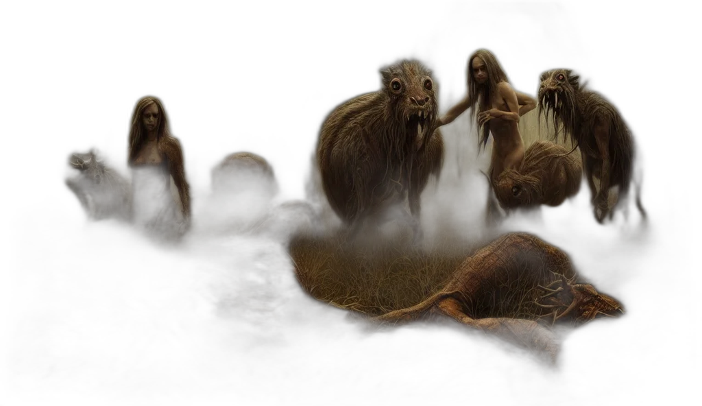 creature, hair, animal, concept art, photorealistic, 3d render, fantasy art, fog transparent PNG cut-out