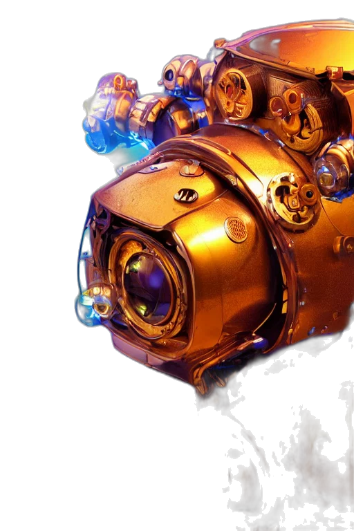 robot, weapon, mask, concept art, 3d render, fantasy art, golden, portrait transparent PNG cut-out