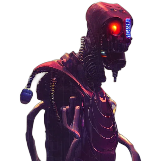 robot, creature, staff, cyberpunk, concept art, 3d render, pixel art, neon lights transparent PNG cut-out