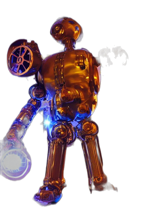 robot, staff, weapon, 3d render, concept art, cyberpunk, neon lights, outer space transparent PNG cut-out