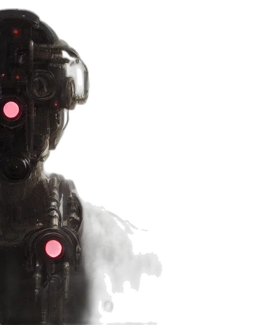 robot, cyberpunk, concept art, 3d render, half, masked, rugged, laboratory transparent PNG cut-out