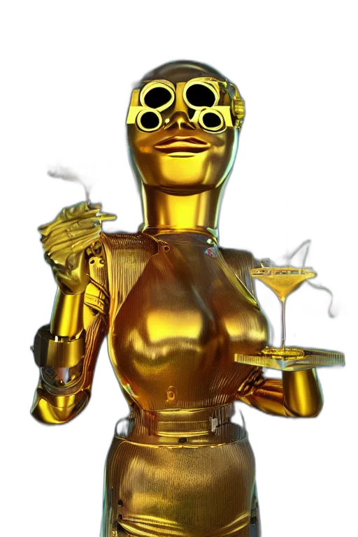 robot, staff, 3d render, concept art, golden, portrait, photo, giant transparent PNG cut-out