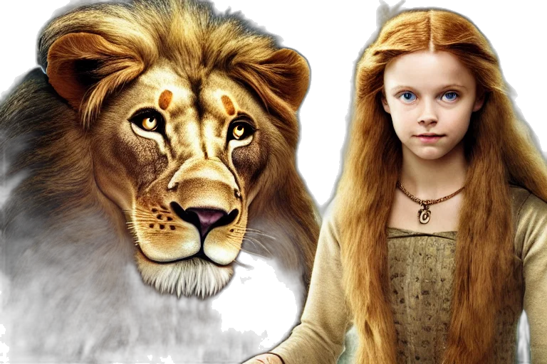 photorealistic, fantasy art, concept art, 3d render, lion, witch, wardrobe, chronicles transparent PNG cut-out