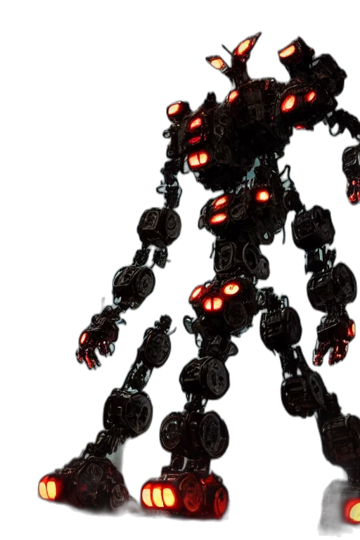 robot, staff, weapon, creature, 3d render, concept art, cyberpunk, dark transparent PNG cut-out