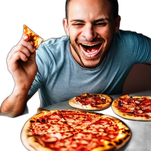 food, face, photorealistic, 3d render, happy, man, eating, pizza transparent PNG cut-out