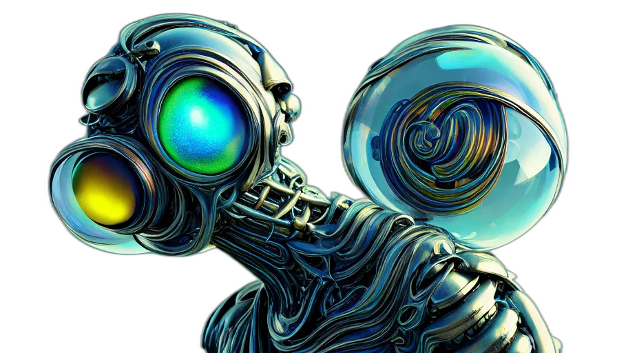 robot, concept art, 3d render, comic book art, cyberpunk, outer space, bubbles, artstation transparent PNG cut-out
