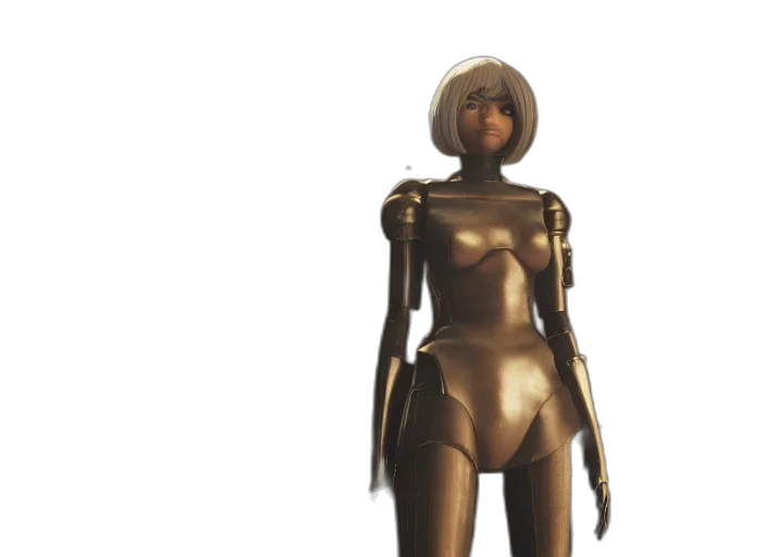 robot, dress, 3d render, concept art, outer space, golden, earth tones, zendaya transparent PNG cut-out