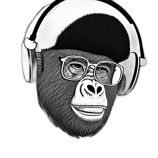 animal, cartoon, photorealistic, concept art, stoned, ape, headphones, knitted transparent PNG cut-out