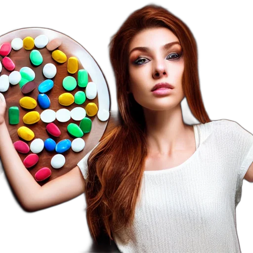 beautiful, female, model, surrounded, pills transparent PNG cut-out