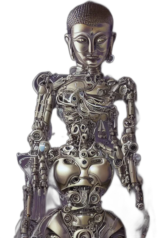 robot, jewelry, dress, crown, cyberpunk, concept art, 3d render, fantasy art transparent PNG cut-out