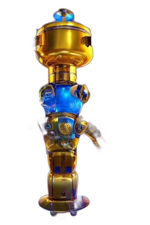 robot, sword, staff, weapon, 3d render, concept art, golden, blue transparent PNG cut-out