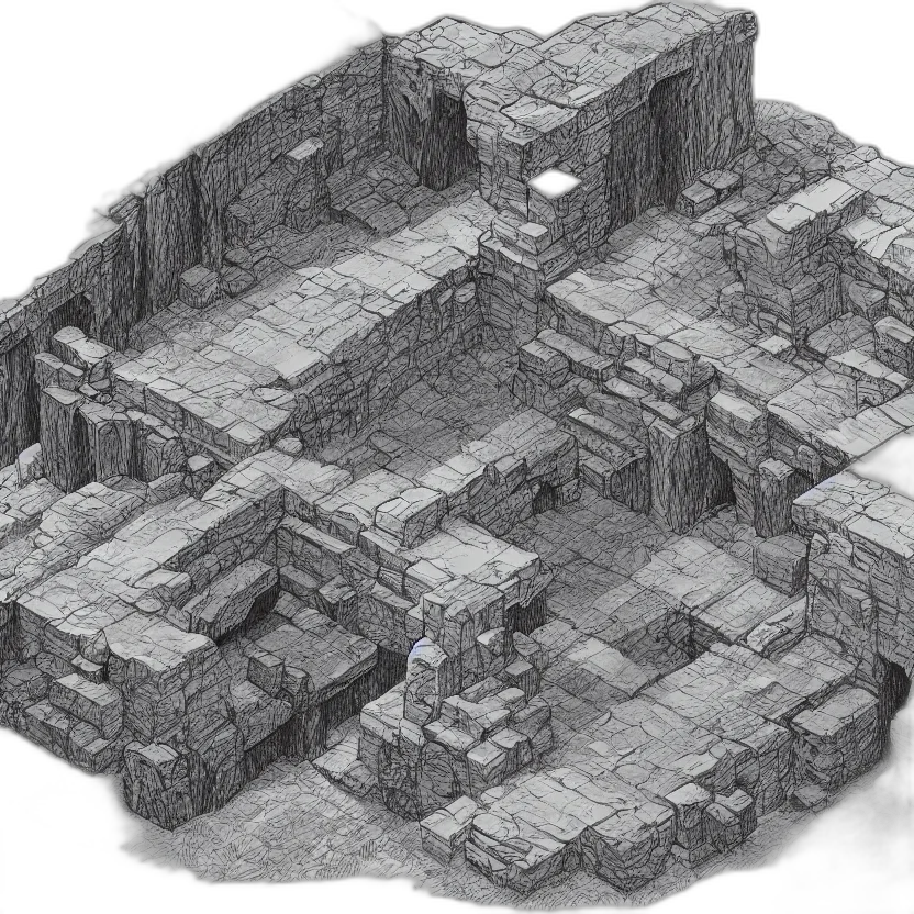 building, concept art, 3d render, fantasy art, pixel art, fog, monochrome, isometric transparent PNG cut-out