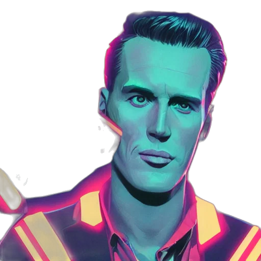 jacket, face, comic book art, concept art, photorealistic, cartoon, neon lights, neon transparent PNG cut-out