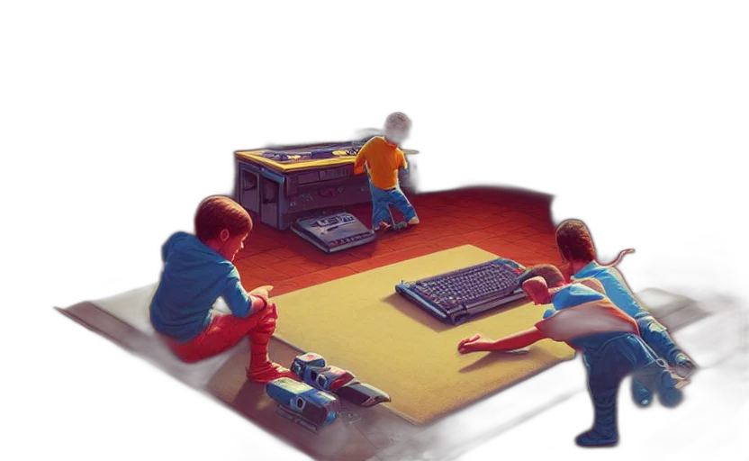 furniture, robot, 3d render, concept art, pixel art, two, boys, playing transparent PNG cut-out