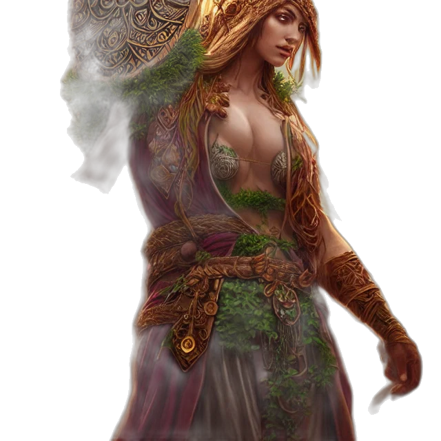 dress, jewelry, staff, fantasy art, concept art, photorealistic, pixel art, earth tones transparent PNG cut-out