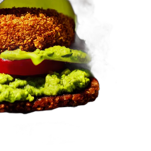 food, photorealistic, 3d render, vegan, hamburger, guacamole, topping, crispy transparent PNG cut-out
