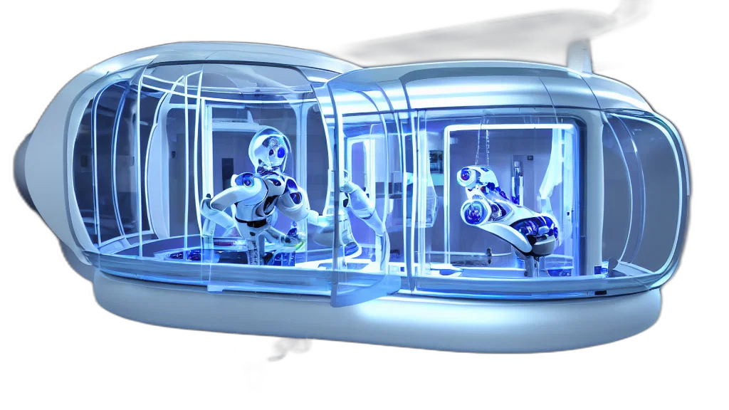 robot, concept art, 3d render, neon lights, outer space, blue, futuristic, enclosed transparent PNG cut-out