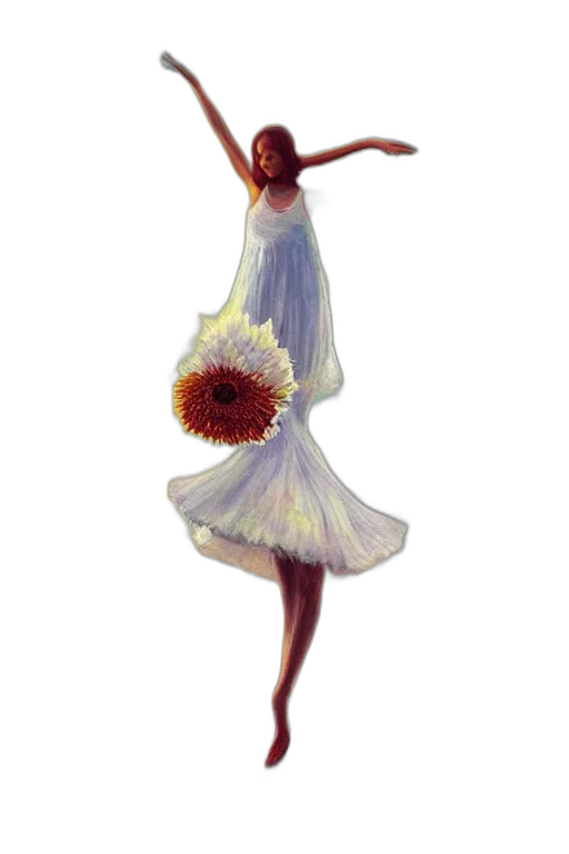 dress, flower, staff, oil painting, photorealistic, concept art, 3d render, golden transparent PNG cut-out