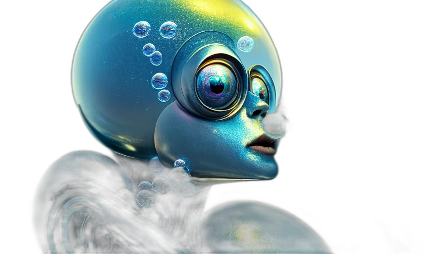 robot, mask, 3d render, concept art, cyberpunk, photorealistic, bubbles, artstation transparent PNG cut-out