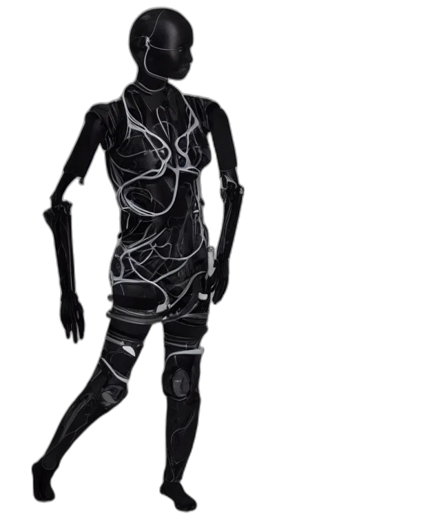dress, robot, mask, creature, concept art, cyberpunk, 3d render, dark transparent PNG cut-out