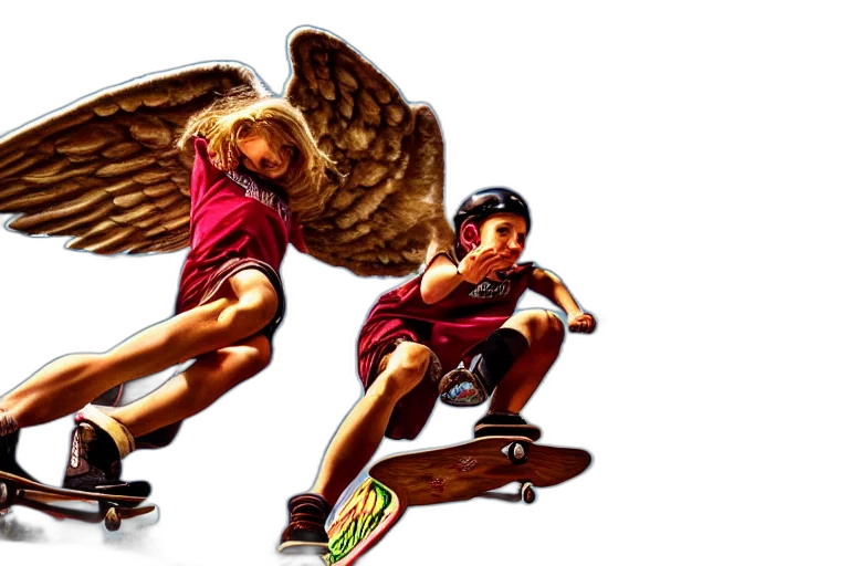 photorealistic, concept art, fantasy art, 3d render, angels, skateboarding, heaven, hdr transparent PNG cut-out