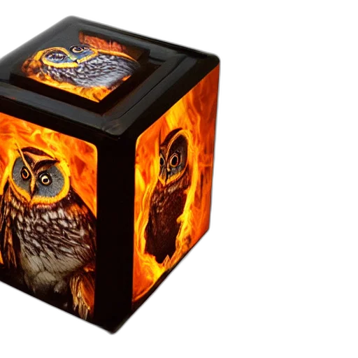 3d render, fantasy art, concept art, photorealistic, fire, owl, shape, cube transparent PNG cut-out