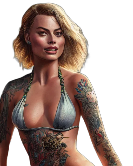 photorealistic, fantasy art, concept art, comic book art, tattooed, margot, robbie, wearing transparent PNG cut-out