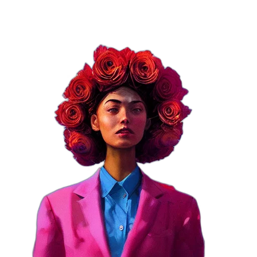 jacket, face, flower, crown, vaporwave, photorealistic, oil painting, concept art transparent PNG cut-out