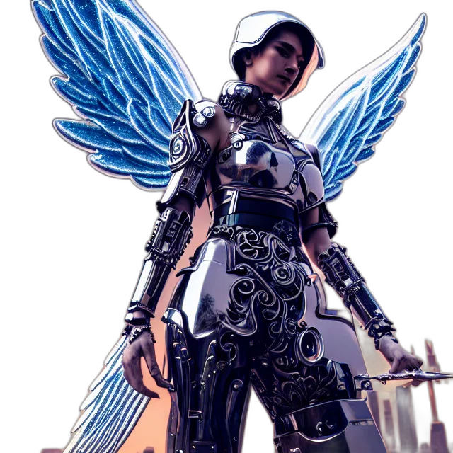 robot, staff, weapon, cyberpunk, concept art, fantasy art, 3d render, blue transparent PNG cut-out