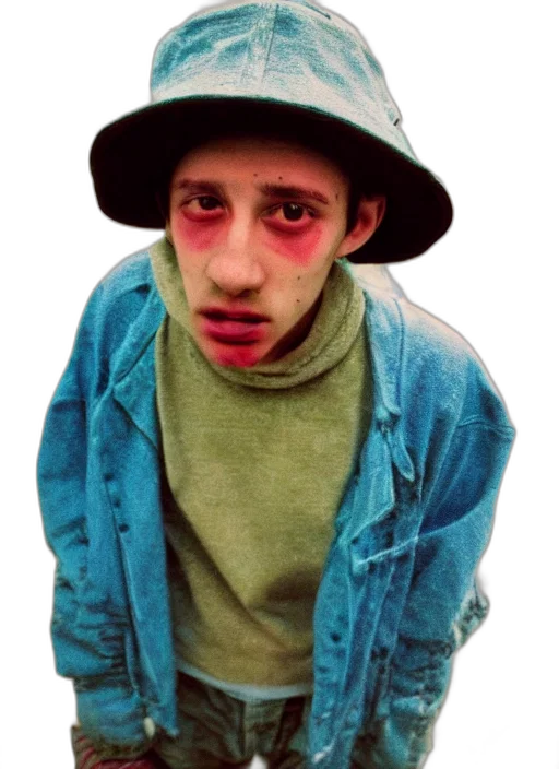 hat, jacket, face, creature, photorealistic, vaporwave, concept art, watercolor transparent PNG cut-out