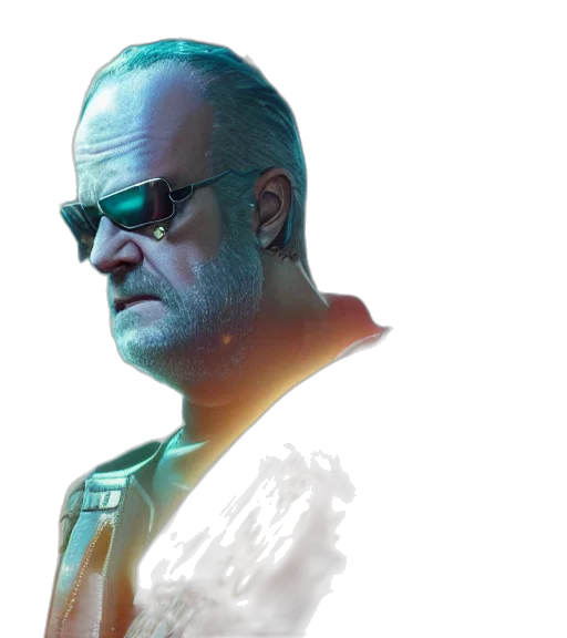 jacket, face, robot, cyberpunk, concept art, photorealistic, 3d render, charismatic transparent PNG cut-out