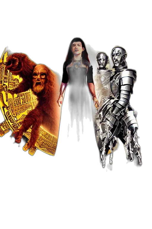 robot, sword, jewelry, concept art, comic book art, fantasy art, 3d render, golden transparent PNG cut-out