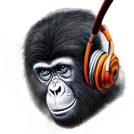 animal, photorealistic, concept art, cartoon, stoned, ape, headphones, knitted transparent PNG cut-out