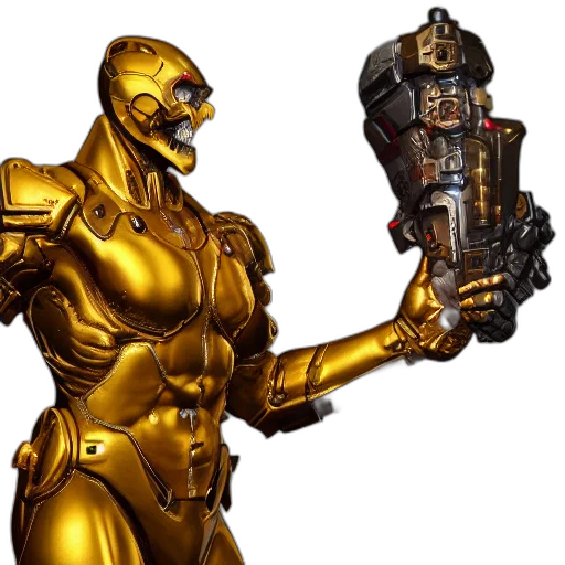 robot, weapon, concept art, 3d render, cyberpunk, comic book art, golden, portrait transparent PNG cut-out