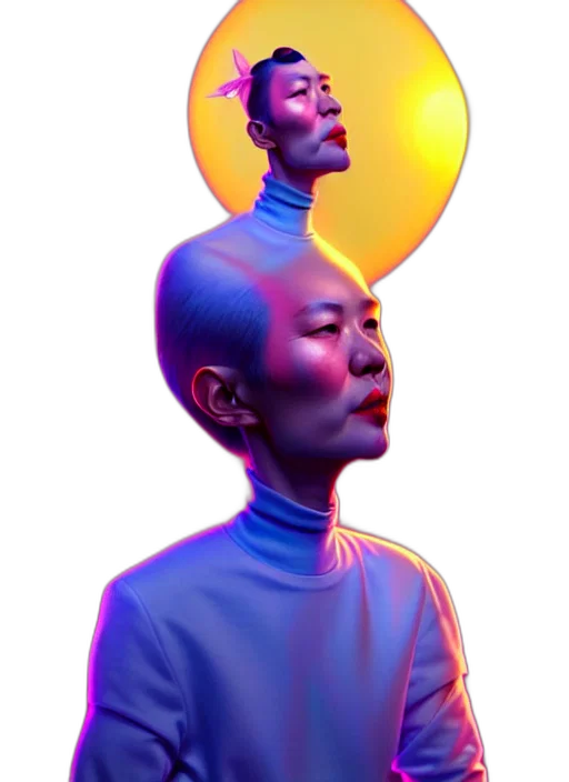 face, robot, crown, staff, concept art, vaporwave, cyberpunk, photorealistic transparent PNG cut-out