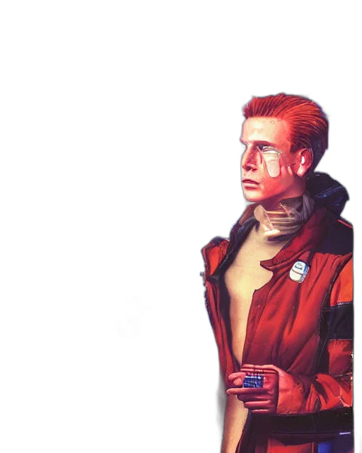 jacket, robot, face, staff, comic book art, cyberpunk, concept art, pixel art transparent PNG cut-out