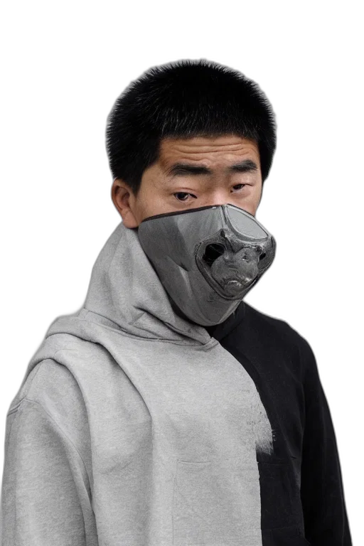 mask, jacket, face, creature, cyberpunk, photorealistic, detailed, real transparent PNG cut-out