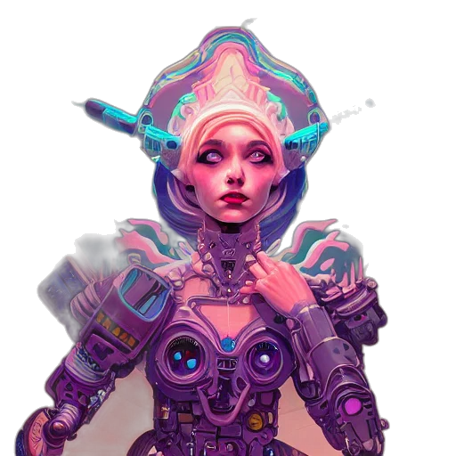robot, face, staff, dress, cyberpunk, concept art, fantasy art, vaporwave transparent PNG cut-out