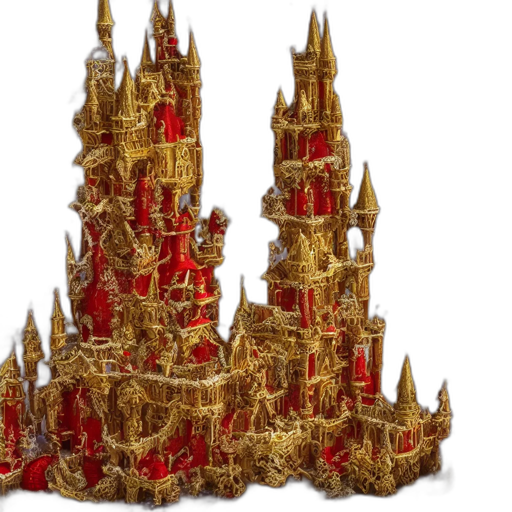 crown, 3d render, concept art, golden, red, rocococastle, snowglobe, unicorns transparent PNG cut-out