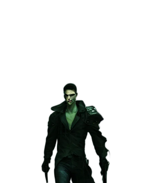 jacket, creature, staff, mask, concept art, 3d render, pixel art, cyberpunk transparent PNG cut-out