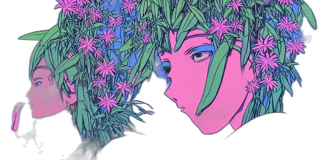 flower, crown, face, mask, vaporwave, anime, watercolor, concept art transparent PNG cut-out