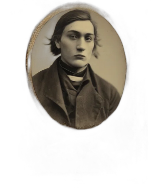 face, staff, hair, jacket, photorealistic, oil painting, tintype, photo transparent PNG cut-out