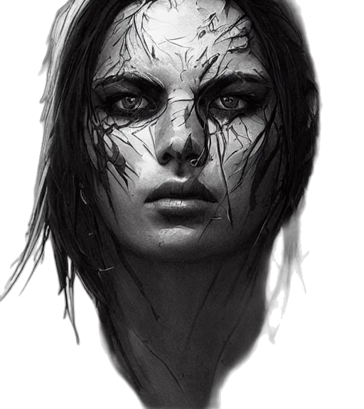 face, mask, creature, hair, photorealistic, concept art, fantasy art, pencil sketch transparent PNG cut-out