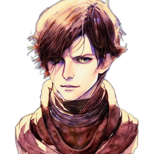 face, jacket, mask, staff, watercolor, fantasy art, anime, comic book art transparent PNG cut-out