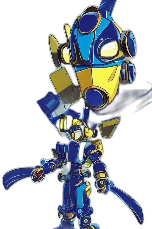 robot, weapon, staff, concept art, 3d render, pixel art, cartoon, blue transparent PNG cut-out