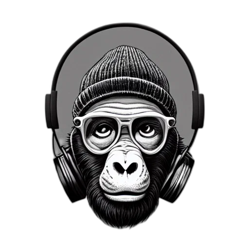 mask, cartoon, concept art, photorealistic, ape, headphone, beanie, extremely transparent PNG cut-out