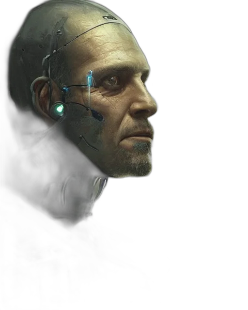 robot, face, mask, staff, cyberpunk, concept art, photorealistic, fantasy art transparent PNG cut-out